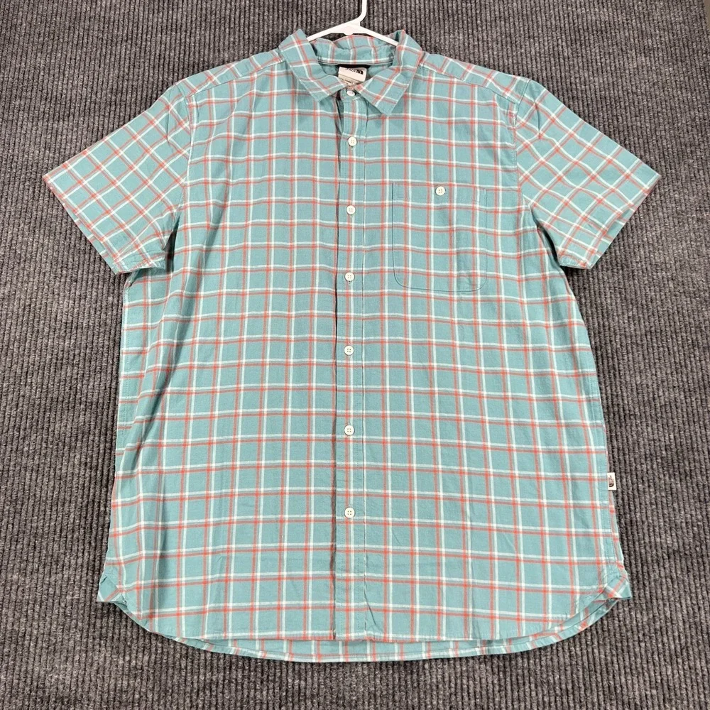 The North Face Shirt Mens Large Green Check Short Sleeve Button Up Hiking Casual